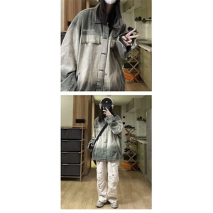 1506-1/JG88251/P66渐变牛仔外套男春秋季高街潮牌复古宽松潮夹克图片