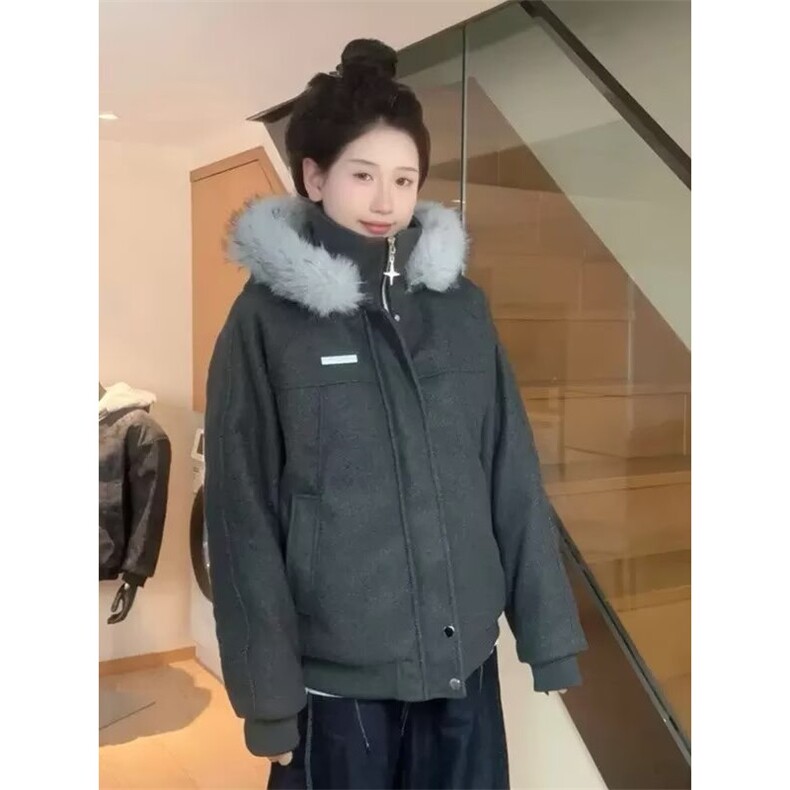 麻灰色座山雕毛领棉服外套男女款冬季毛呢加厚防风情侣装连帽棉衣,男装棉衣,四季星座505