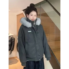麻灰色座山雕毛领棉服外套男女款冬季毛呢加厚防风情侣装连帽棉衣，男装棉衣，四季星座505