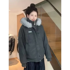 麻灰色座山雕毛领棉服外套男女款冬季毛呢加厚防风情侣装连帽棉衣图片