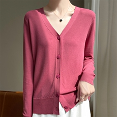 冰丝针织开衫薄款女外套搭配吊带裙2025新款夏季宽松防晒上衣V领，女装针织衫/毛衣，德尔信羊绒