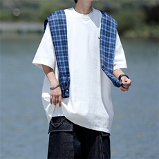 8XL-M潮情侣美式拼接打结格子假两件短袖宽松纯棉T恤男DX338，男装T恤，电商D206-1
