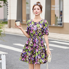 洋气黄色碎花纯棉连衣裙女2025夏新款小个子别致绝美甜美气质裙子，女装连衣裙，美沁