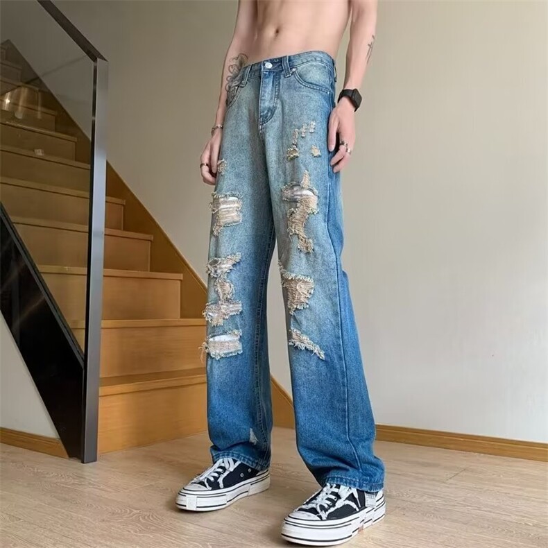 破洞牛仔裤男夏秋季薄款渐变hiphop高街潮牌宽松直筒裤子5186/P48,男装牛仔裤,星座506