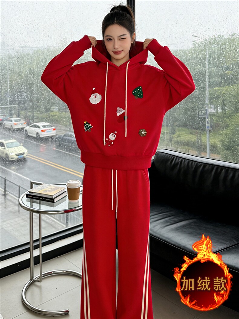 巨好看休闲时尚套装女秋冬季新款卡通印花连帽卫衣直筒长裤两件套,女装套装/套裙,江南