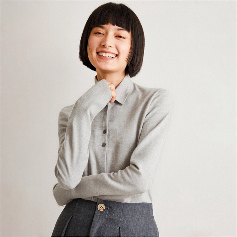 精纺100纯羊毛针织开衫女宽松POLO领长袖外搭2025秋季新款薄外套,女装衬衫,雪山红莲