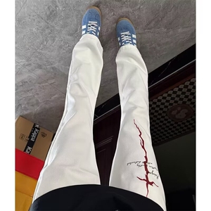美式高街白色裤子闪电印花牛仔裤男直筒修身显瘦休闲裤网图NK2234