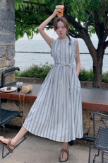 法式小清新条纹度假背心连衣裙女装新款夏季小个子宽松减龄长裙子，女装连衣裙，C位