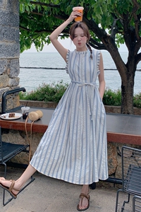 法式小清新条纹度假背心连衣裙女装新款夏季小个子宽松减龄长裙子图片