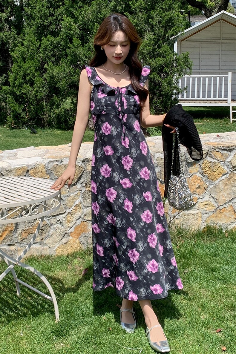 蓝色荷叶领碎花连衣裙女2025夏季新款韩系甜美修身显瘦吊带长裙潮,女装连衣裙,玖莱伊