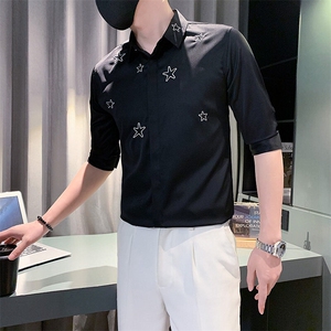 B216 6506 P50 2025夏装新 潮男五角星刺绣中袖衬衫 社会小伙风图片