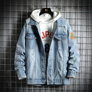 JK822-p80 M-5X网格ins牛仔夹克绣花破洞大码男日系CITYBOY图片