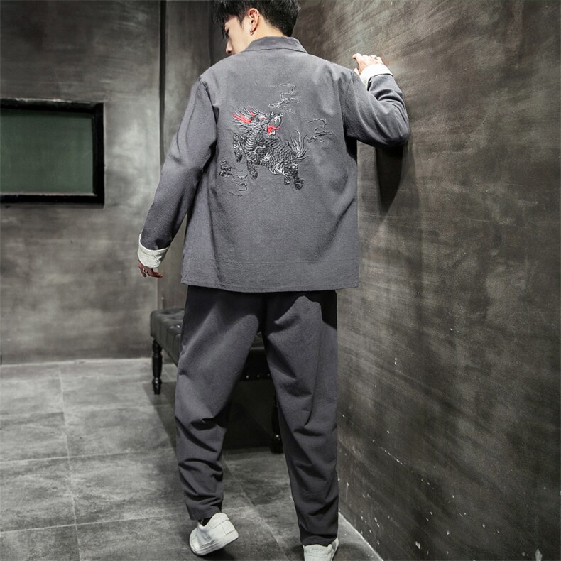 A79P105室内风2024秋季新款汉服风麒麟刺绣套装长裤长袖,男装休闲套装,电商A026