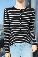 女圆领条纹长袖短款修身显瘦弹力针织打底衫2024年秋季，女装针织衫/毛衣，暖娇绒包芯纱店