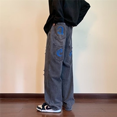 美式裤子阔腿裤设计感多刺绣牛仔裤破洞潮ins高街男XK8008-P50，男装牛仔裤，星座1109-3