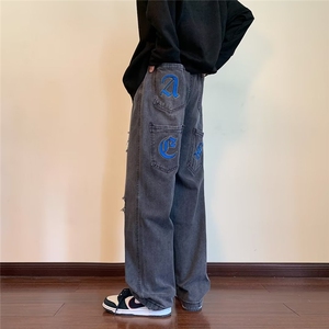 美式裤子阔腿裤设计感多刺绣牛仔裤破洞潮ins高街男XK8008-P50图片