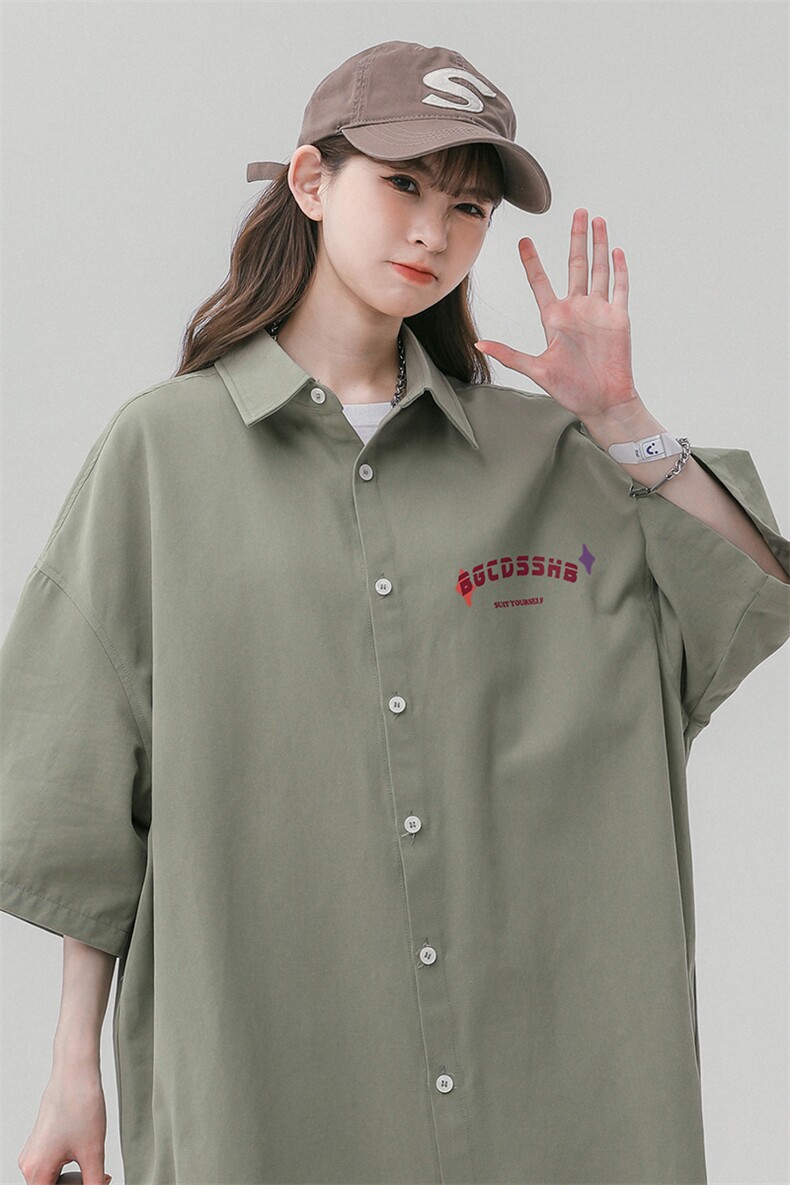 港风23夏季时尚百搭美式翻领字母印花衬衫宽松外套CS111P35控59,男装衬衫,A247A