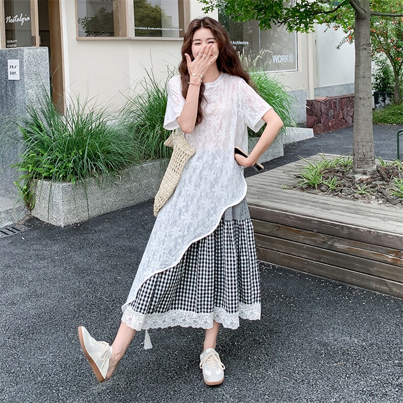 慵懒风绝美叠穿蕾丝连衣裙套装女夏季2025年新款格子半身裙两件套,女装套装/套裙,2C009