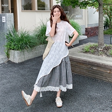 慵懒风绝美叠穿蕾丝连衣裙套装女夏季2025年新款格子半身裙两件套，女装套装/套裙，2C009