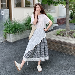 慵懒风绝美叠穿蕾丝连衣裙套装女夏季2025年新款格子半身裙两件套图片