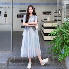 灰色网纱拼接短袖连衣裙女2025夏季新款法式甜美减龄小个子T恤裙，女装连衣裙，2C283