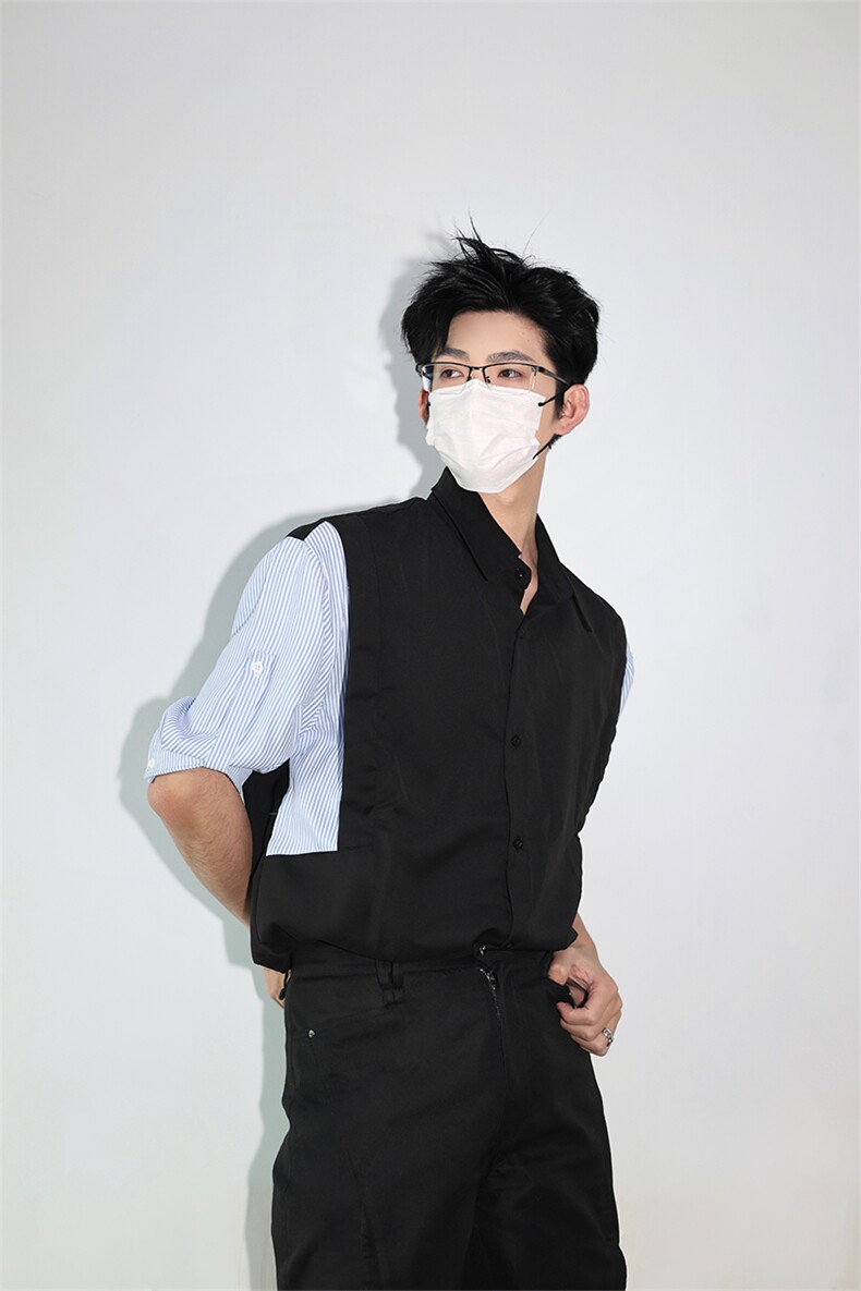 明星私服假两件宽松拼接飞肩设计感假两件条纹短袖衬衫卫衣特P39,男装卫衣,电商B319