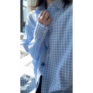 GENIOLAMODE多巴胺泡泡纱格纹长袖衬衫男女秋季宽松情侣休闲衬衣图片