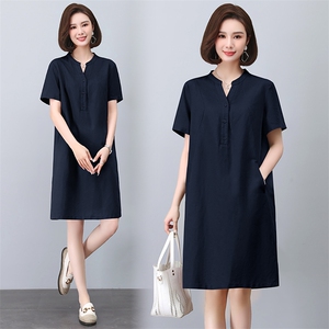 时尚显瘦棉麻立领连衣裙 夏季新款宽松大码女装裙子图片
