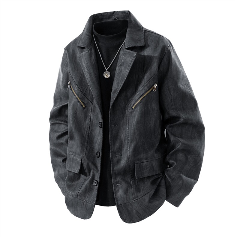得物二开 PU皮夹克男翻领机车服皮衣工装复古皮外套男JK1202-P105图片