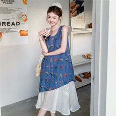 蓝色设计刺绣印花绝美背心长裙新款森系显瘦气质假两件连衣裙女夏，女装连衣裙，2C115