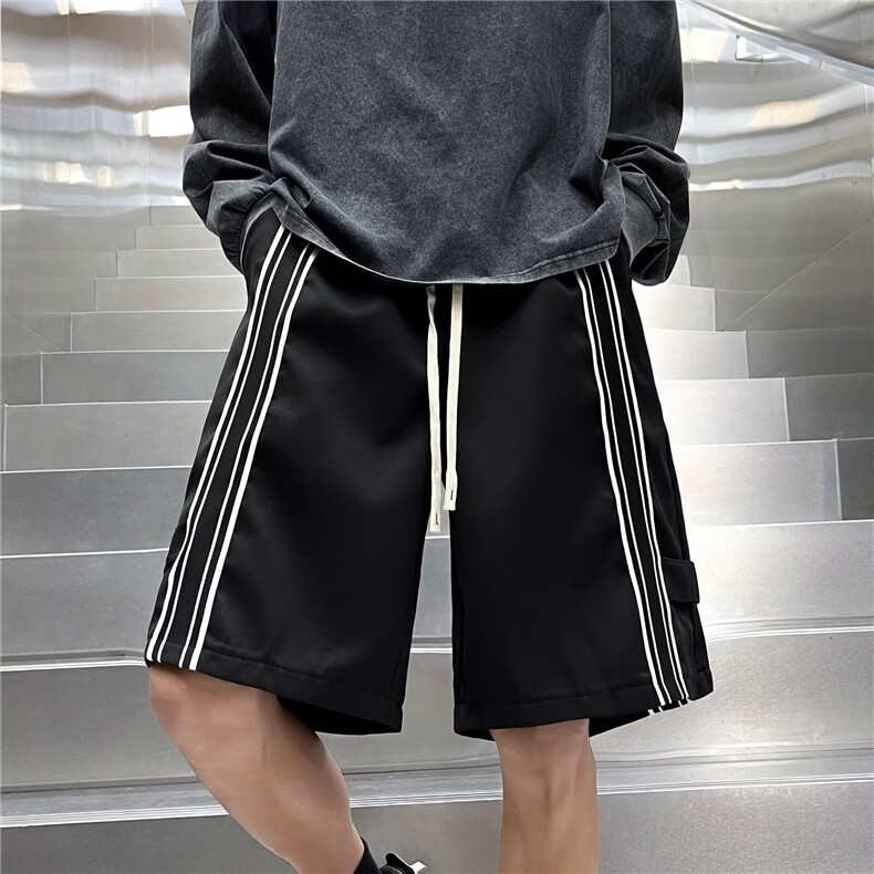 韩ins夏季宽松三杠短裤男青少年运动休闲中裤情侣阔腿五分裤子,男装牛仔裤,四季星座505
