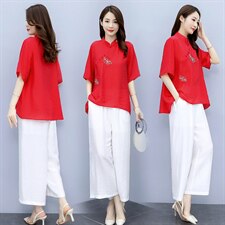 2021夏季新款简约气质圆领时尚图案刺绣复古盘扣装饰棉麻两件套，女装套装/套裙，韩宇舍