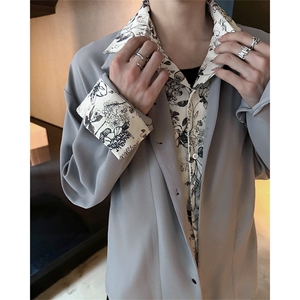 潮流休闲花卉印花领翻领假两件休闲长袖衬衫上衣男潮 P55图片