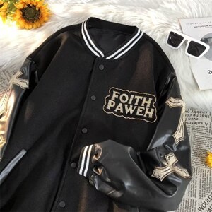 高街美式复古十字架刺绣棒球服男拼皮潮牌休闲夹克外套WT445-P60图片