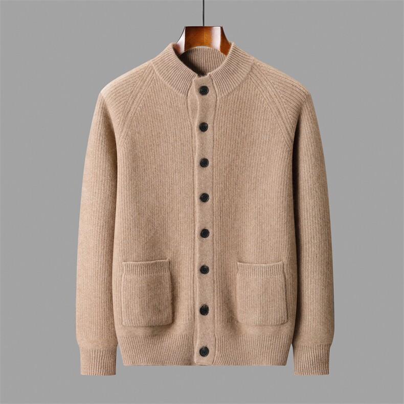 2025秋冬百搭时尚简约加厚元宝针系扣双兜开衫，男装羊绒套衫，盛欣羊绒