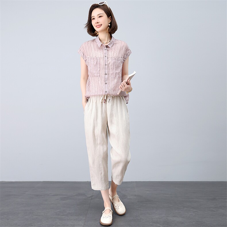时尚套装女2025年新款夏装搭配一整套洋气减龄妈妈棉麻裤子两件套,女装套装/套裙,江忆布依