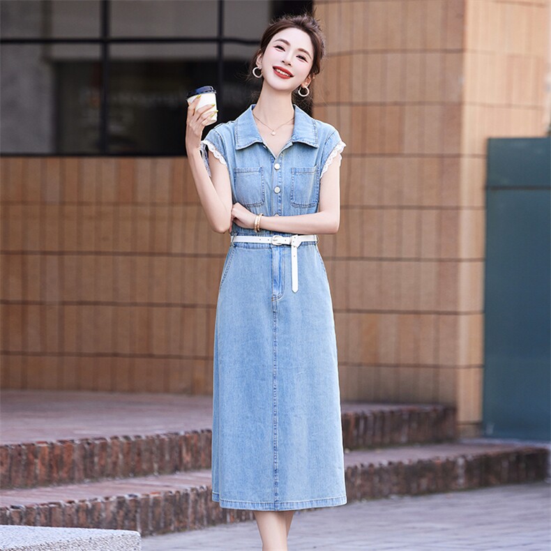 薄款牛仔连衣裙女夏季蕾丝拼接2025新款收腰显瘦气质小个子衬衫裙,女装连衣裙,丽影随形