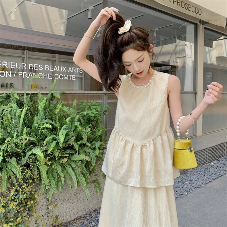【新品现货】清冷感禅意仿天丝珍珠领背心2件套8811-P125-K175,女装连衣裙,2C317A