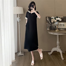 高级感时尚连衣裙女夏新款洋气显瘦纯色蕾丝拼接连帽短袖休闲长裙，女装连衣裙，江南