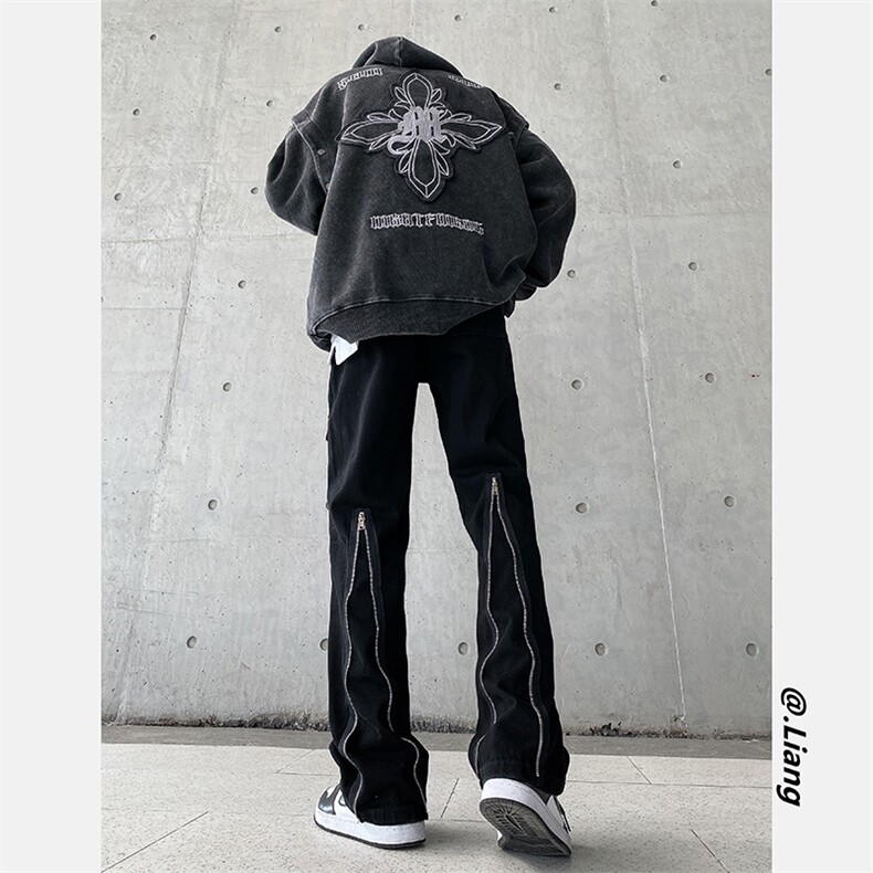 高街牛仔裤黑色拉链款直筒裤裤715-6-BX19P65（控88），男装牛仔裤，星座715-6