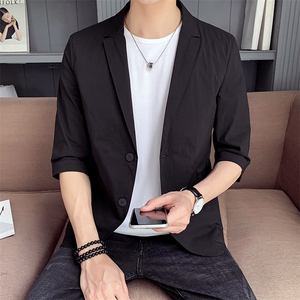 100%聚酯纤维 青年夜店中袖小西装休闲修身五分袖男西服8865图片