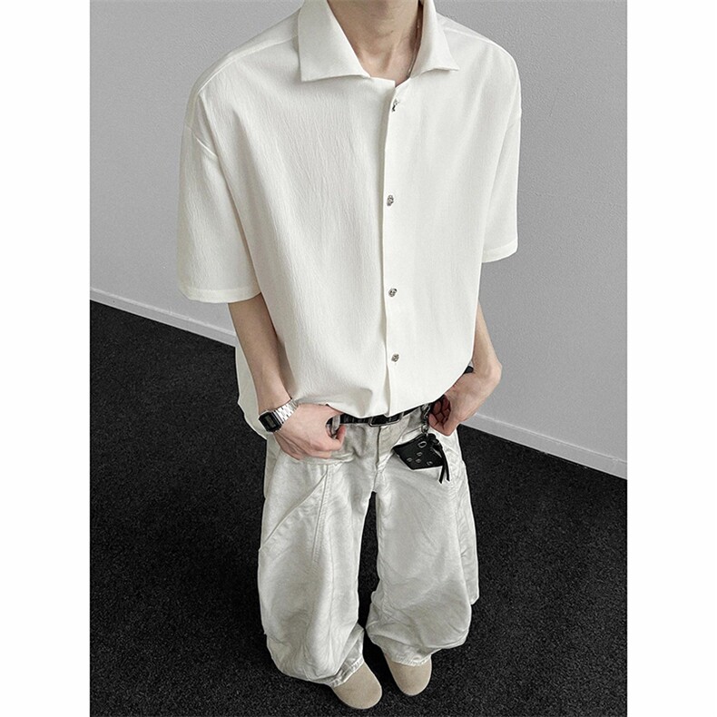 得物抖音品质二开老钱风亚麻冰丝纹短袖衬衫男女休闲美式潮牌衬衣,男装T恤,电商A486