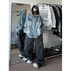 蓝色连帽牛仔外套男女高街vibe潮痞帅连帽工装外套J3523-P80，男装工装外套，星座1001-1