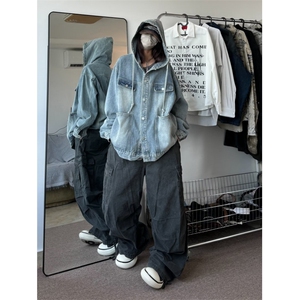 蓝色连帽牛仔外套男女高街vibe潮痞帅连帽工装外套 J3523-P80图片