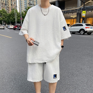 华夫格套装男2025夏季潮牌宽松休闲运动短袖短裤两件套男TZ30-P25图片
