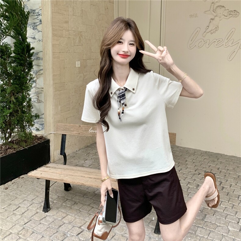2026新款气质学院风撞色丝巾短袖衬衫套装女夏日2026新款两件套,女装套装/套裙,艾米莉亚