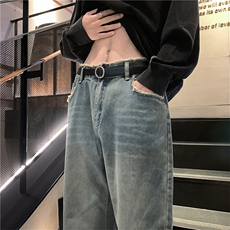 毛边复古牛仔裤男春秋潮直筒宽松阔腿美式高街百搭长裤N0022-P45，男装牛仔裤，星座308B-1