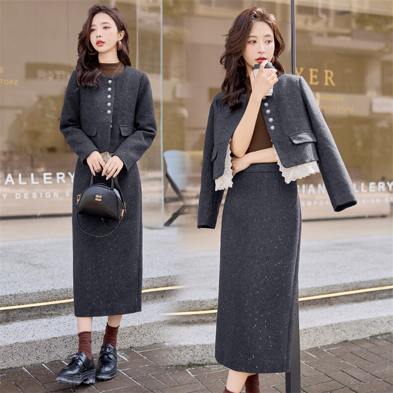 2024新款冬软糯小香羽绒服拼接蕾丝花边白鸭绒套装裙,女装套装/套裙,韩蜜菓