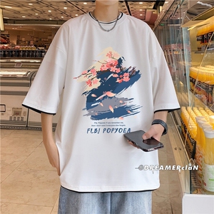 xZ116-T6020-p30-控48拼色抖音男潮牌美式情t恤男夏季印花图片