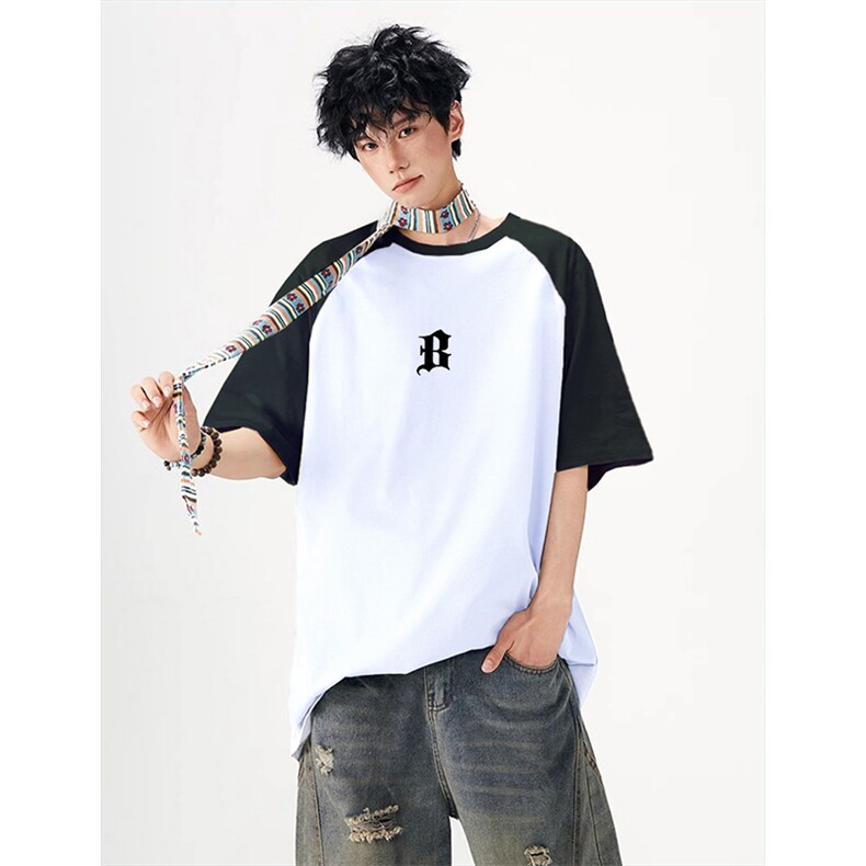 抖音得物高品质二开240克宽松纯棉美式潮牌插肩袖拼接短袖T恤,男装T恤,电商A486